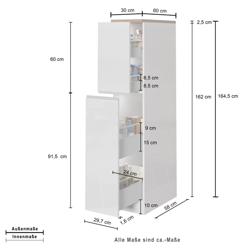 Pameal 164.5cm Kitchen Pantry, Oak Wood/White