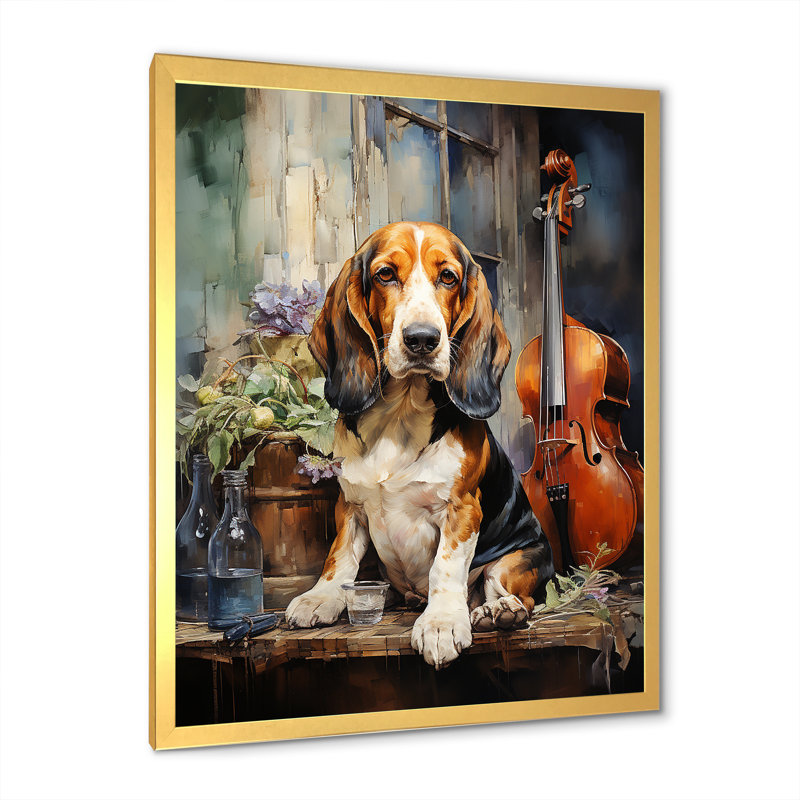 Basset hound, mélodie sur toile, Cadre doré simple, H 44 po x l 34 po x P 1,5 po
