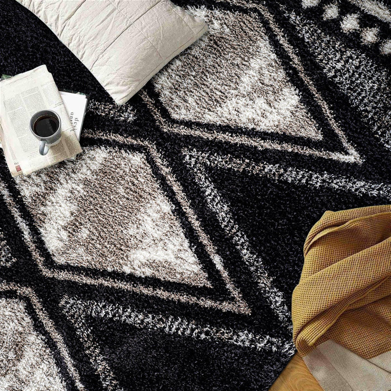 Tapis à poils longs à motif géométrique quadrillé - gris foncé anthracite - velours moyen, doux et durable