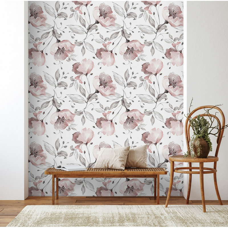 Papier peint floral aquarelle rosé sur fond blanc, L 37 po x l 56 po