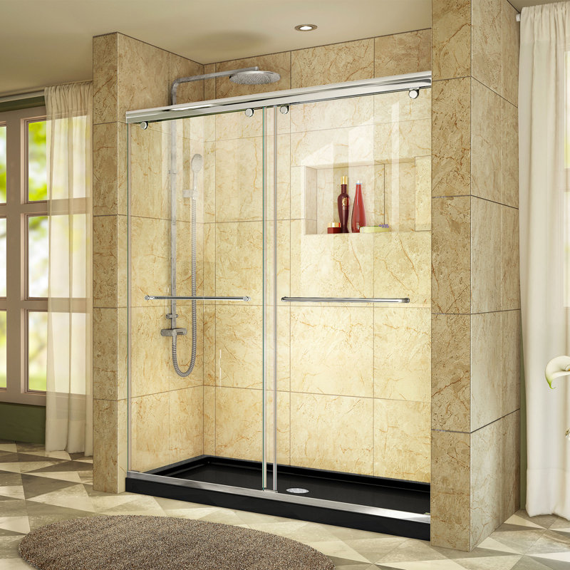 Charisma 60" W x 34" D x 78.75" H Frameless Rectangle Sliding Shower Enclosure with Base Included, Center Drain, Chrome/Black