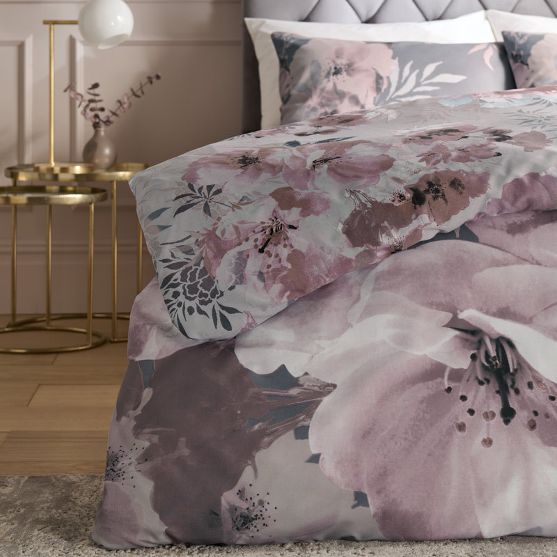 Dramatic Floral Reversible Duvet Cover Set with Pillowcases, Grey, King - 2 Standard Pillowcases
