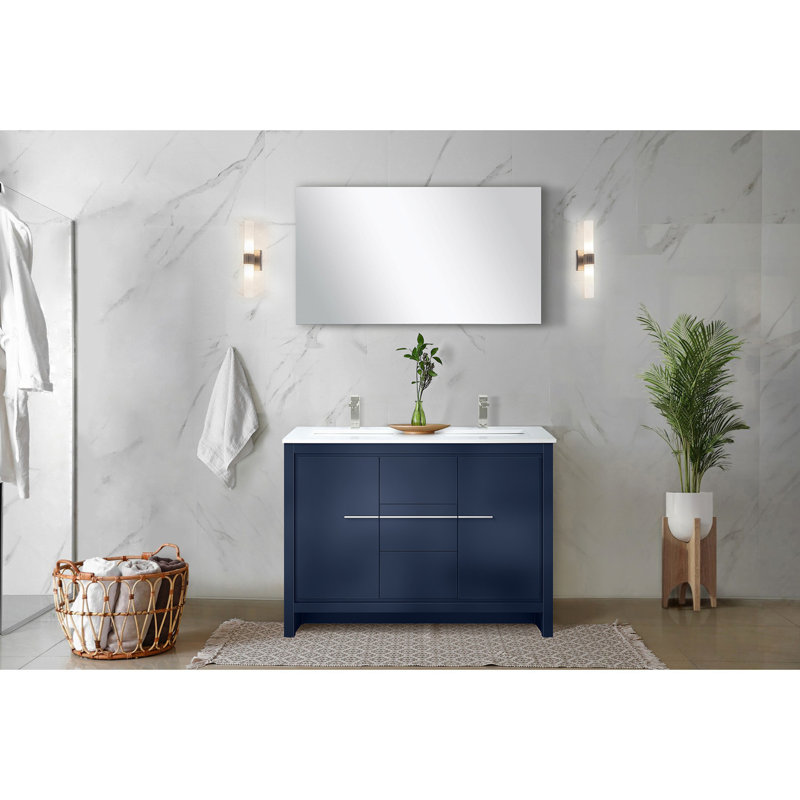 Meuble-lavabo double bleu marine 48 po L 20 po x P 20 po, surface en quartz blanc, robinet en nickel brossé, miroir 43 po et teinté - meuble-lavabo P 48 po, comptoir, grattoir 43 po - fabrication