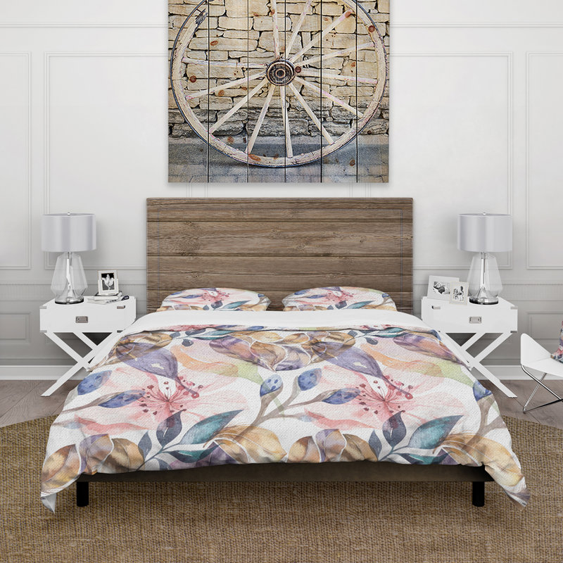 Boho rose et bleu fleurs - ensemble de housse de couette Cottage - microfibre de polyester, Beige