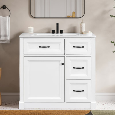 Meuble-lavabo autoportant 36 po - Bois massif / Armoire en bois massif avec lavabo, tiroir rabattable et tablette réglable