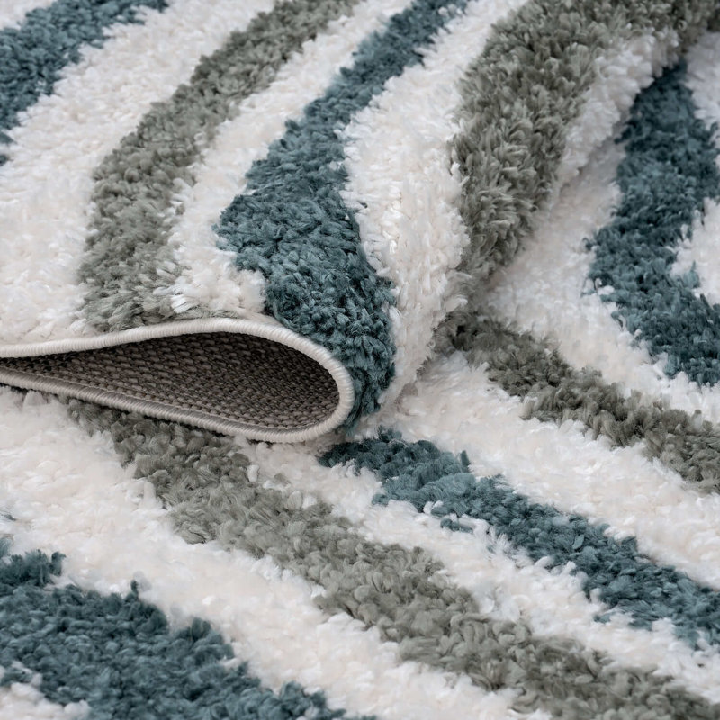 Moodi Modern Shaggy Area Rug Abstract Wavy Line Design, Off-White/Green, Round 120 cm