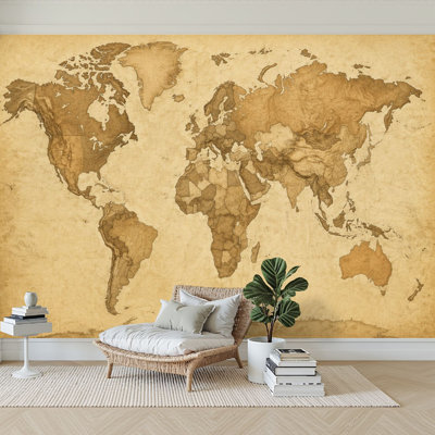 Wall Mural Peel and Stick Wallpaper Vintage Brown World Map Earth Tones Subtle Self-Adhesive Removable Contact Paper Wall Decor for Living Room Bedroom 100"H x 144"W