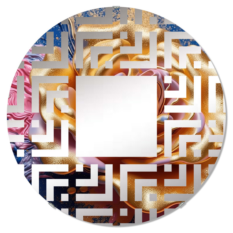 Pivoine rose avec feuilles dorées II - Miroir décoratif labyrinthe MIR105706 C, 23,6 po x 23,6 po