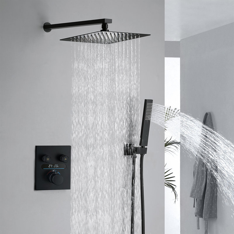 LCD Temperature Display Digital Shower System with 9.8" Rainfall Shower Head and Handheld Spray, Rough-in Valve, Matte Black
