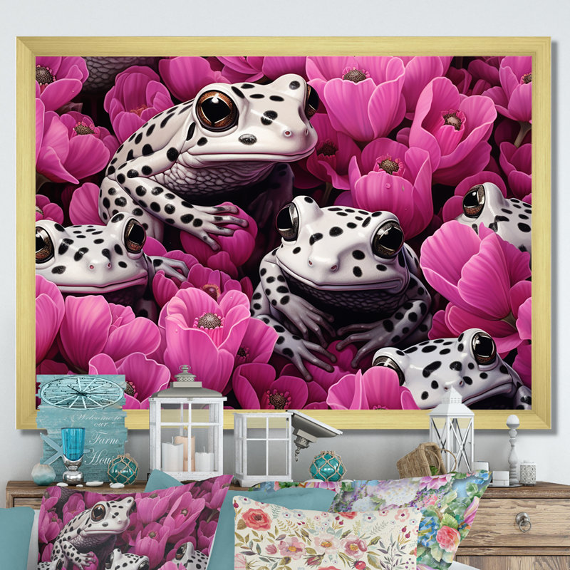 Blanc et rose Pop Art Frog I, Cadre doré simple, H 12 po x l 20 po x P 1 po