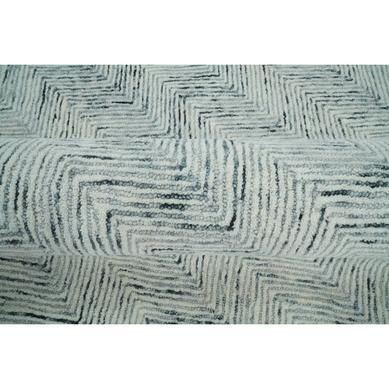 Tapis bleu / blanc en laine touffeté à la main, Rectangle 5 pi x 8 pi