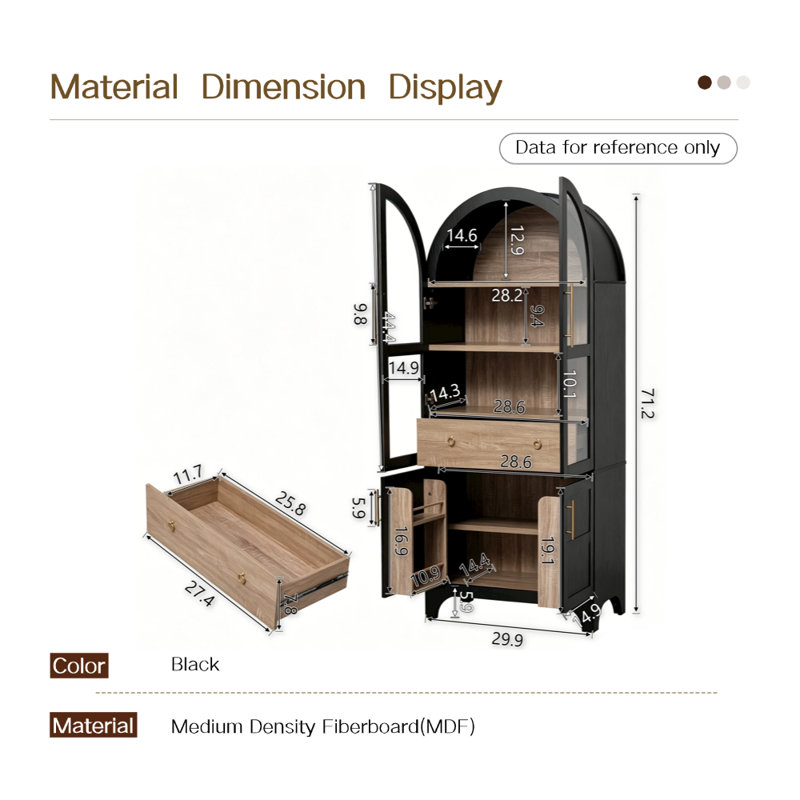 Armoire de rangement arquée 71 "à deux tons avec portes et tiroir en verre - Huche noire et brune pour salle à manger