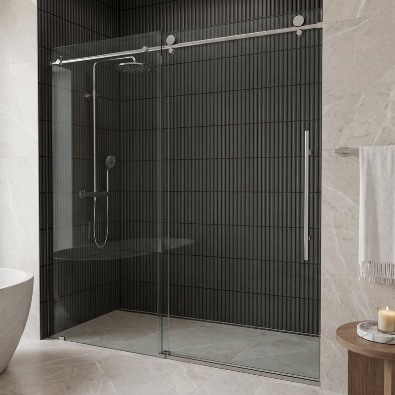 Porte de douche coulissante sans cadre Elan E-Class l 44-48 "x H 76" avec verre transparent 3/8 ", Acier inoxydable