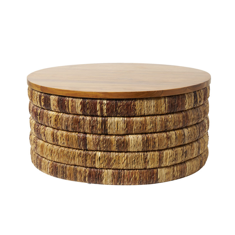 Swissvale Seagrass Handmade Linear Wrapped Coffee Table with Teak Wood Top, 15.75" H x 33.38" W x 33.38" D