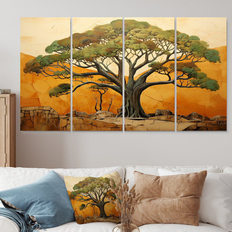 «Green Baobab African Tree Majesty I - Tree African», art mural 4 pièces, H 32 po x l 64 po