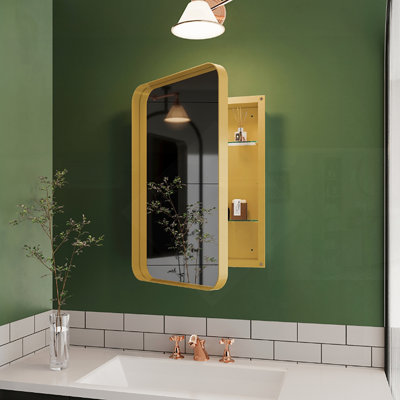 Pharmacie encastrée à cadre en métal avec miroir et tablettes réglables pour salle de bain, finition or mat