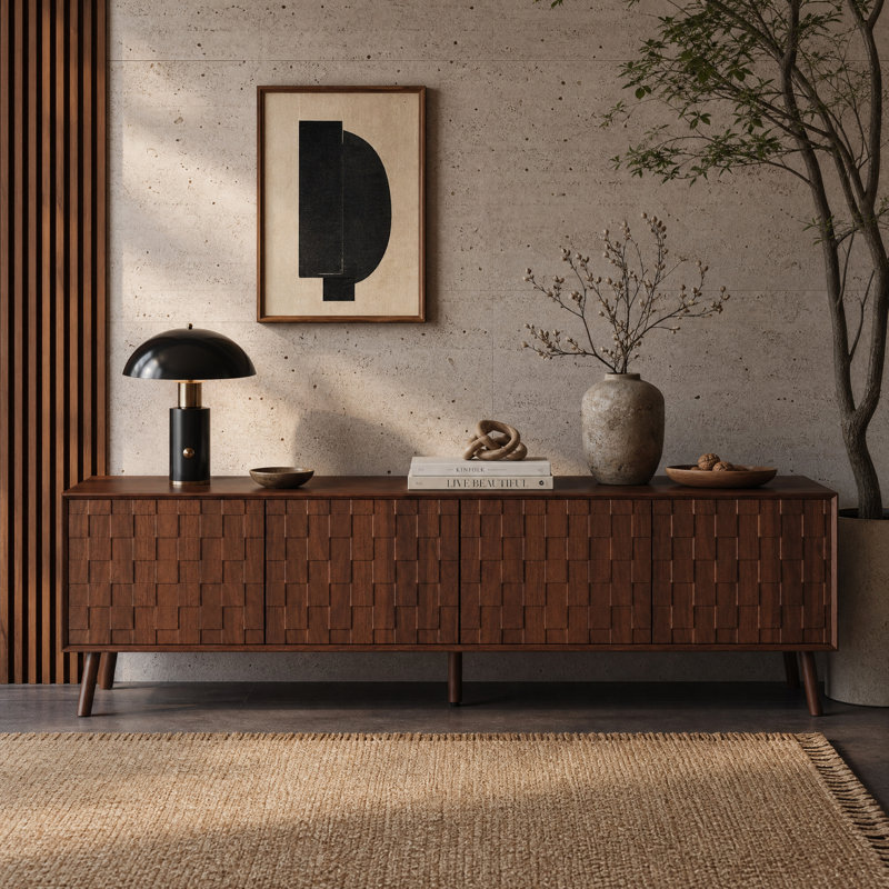 Meuble télé moderne texturé de 70,8 pouces (180 cm) pour téléviseurs jusqu'à 80 pouces (203 cm) pour salon, fini noyer