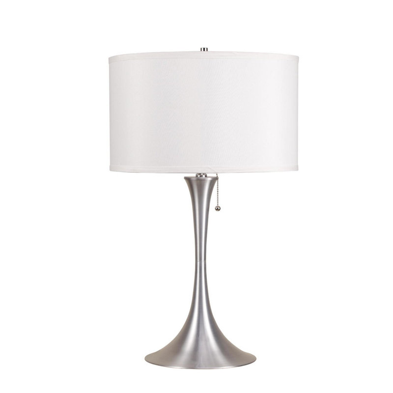 Lampe de table rétro 27 po en métal avec finition argentée, abat-jour en lin blanc