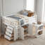 Lit mezzanine simple avec bureau, tiroirs, armoire et tablettes, bois d'hévéa massif, lit mezzanine pour enfants avec rangement-1735385756