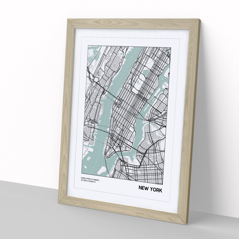 Map New York USA - Picture Frame Graphic Art, Oak, 90cm H x 65cm W x 2cm D