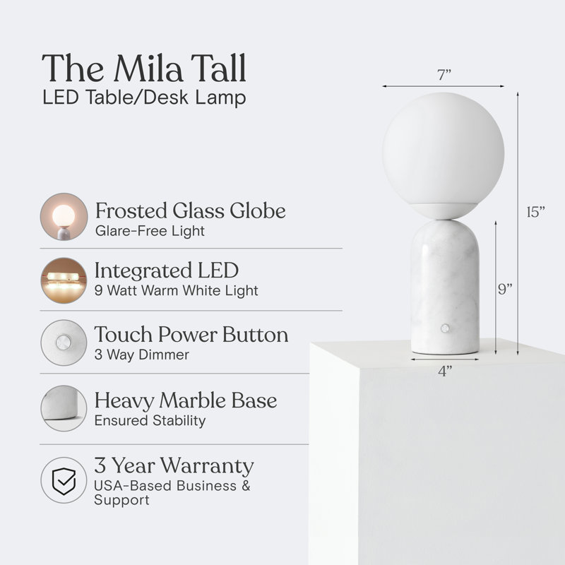 Mila Tall 15 in. Modern Integrated LED Bedside Table Lamp with Touch Sensor and 3-Way Dimming, White