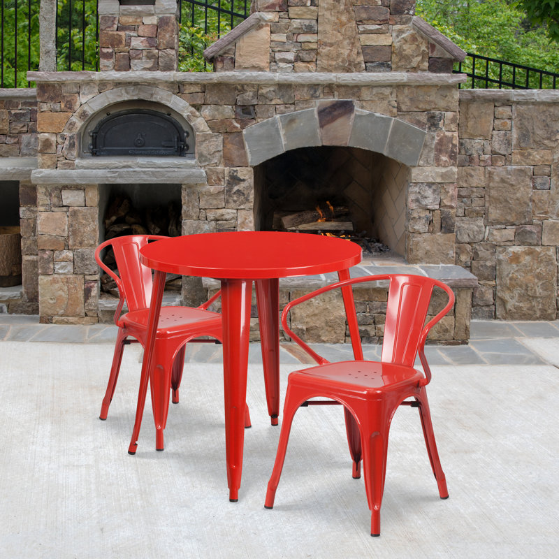 Duluth 30'' Round Metal Indoor-Outdoor Table Set with 2 Arm Chairs, 29.50" H x 30" W x 30" L, Red