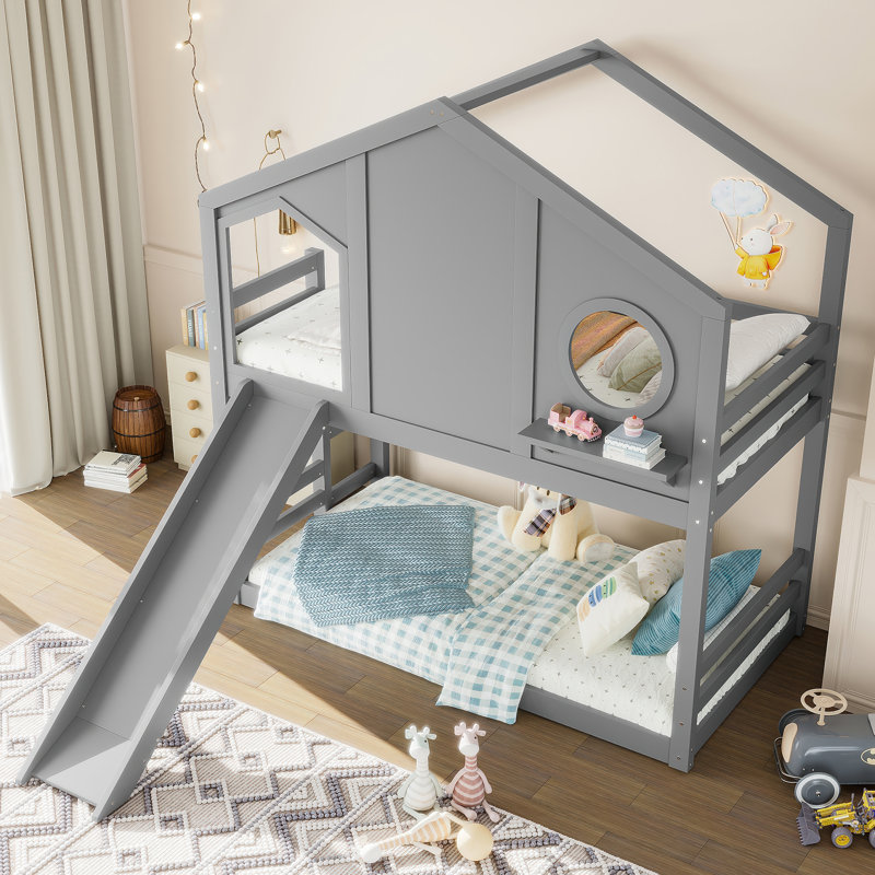 Lit superposé avec glissade, tablettes de rangement et fenêtre House, Gris