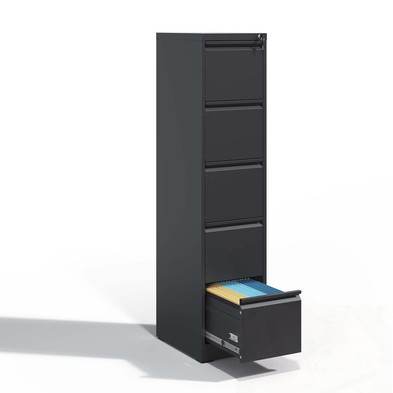 Metal Vertical File Cabinet With Lock And 5 Drawers, Black