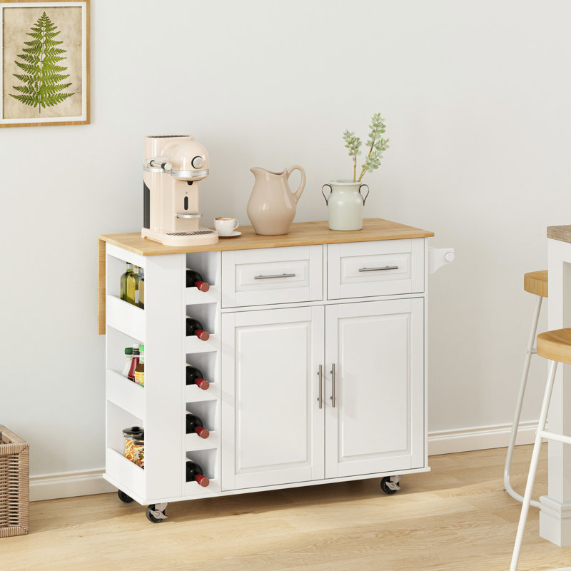 Chariot de cuisine blanc - 2 armoires, tiroirs, étagère à épices, porte-serviette, armoire à porte d'îlot multifonctionnelle en bois d'hévéa