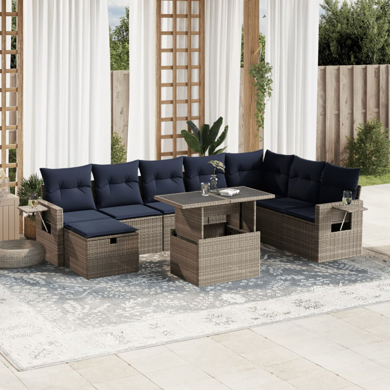  Ensemble de canapé de patio 9 pièces avec coussins en rotin de polyester, Gris, Bleu
