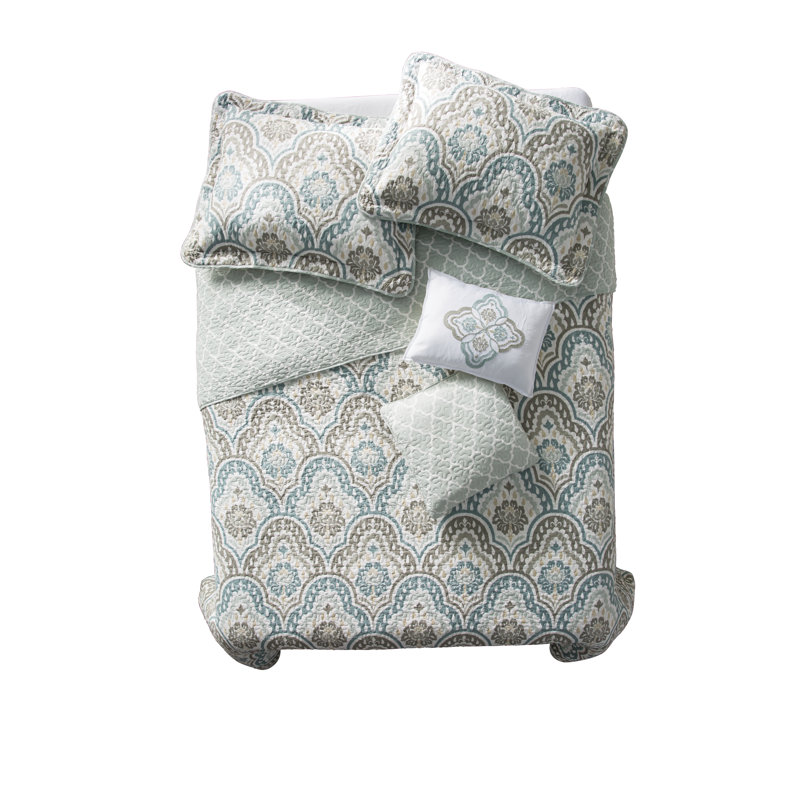 5 Piece Tivoli Ikat Printed Microfiber Quilts Set, Queen Quilt + 2 Standard Shams + 2 Throw Pillows
