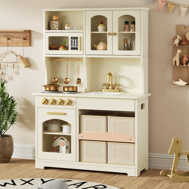 Knoworld Wood Play Kitchen for Kids - Pretend Set with Storage, Stove, Oven, Storage & Accessories, White, White