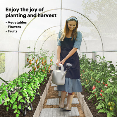 Outsunny 14.6'x6.5'x6.6' Hoop House Greenhouse with 2 Support Rods, Zippered Roll-up Mesh Door, Mesh Windows, Walk-in Tunnel Greenhouse with PE Cover, Galvanized Steel Frame, Outdoor Garden, White