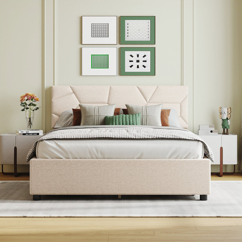 Lit plateforme tapissier Donard, Double, Beige