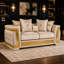 Ensemble de salon 3 pièces Priscilla beige capitonné avec garniture dorée, comprenant un canapé, une causeuse et un fauteuil avec coussins décoratifs-2017673209-2017673210