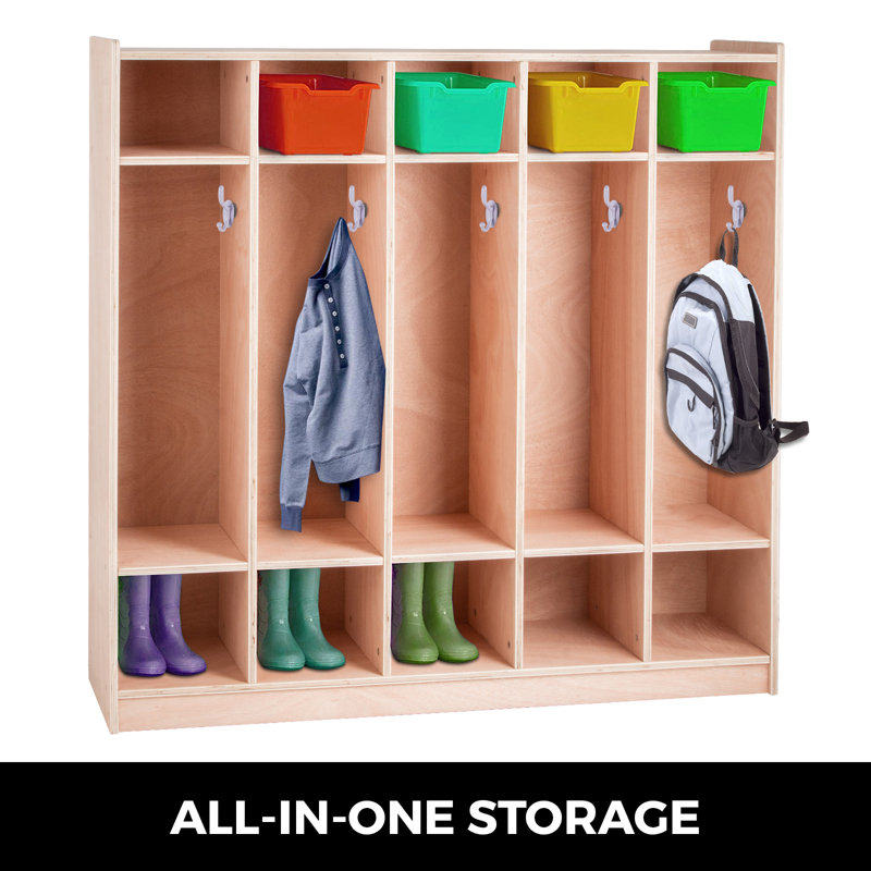Natural Birch Plywood 5-Section Preschool Coat Locker with Storage Bins