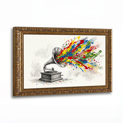 Vintage Gramophone Bursting Colorful Paint Splatter Canvas Wall Art