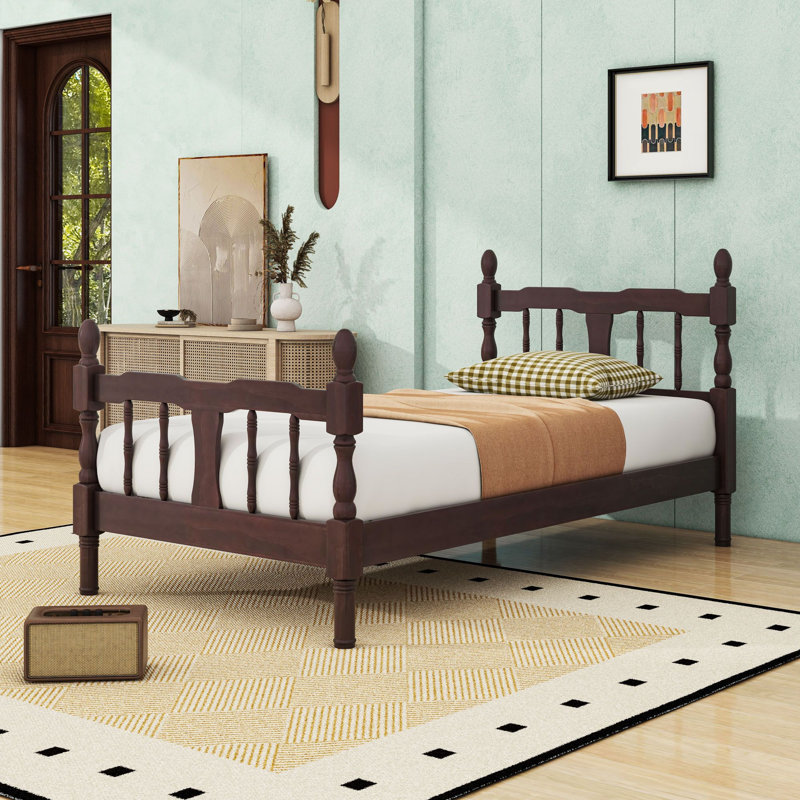 Lit en bois avec tête et pied de lit à fuseaux, Twin, Dark Walnut