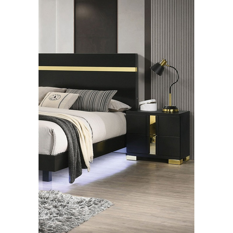 Table de chevet moderne à 2 tiroirs, couleur noire et dorée, bois d'ingénierie, pieds en métal, pièce de mobilier de chambre à coucher