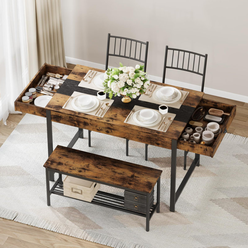 Ensemble de table de salle à manger pour 4 personnes, petite table de cuisine et 2 chaises pour 4 avec banc, Brun