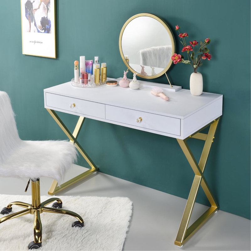 Meuble-lavabo rectangulaire blanc et doré avec plateau à bijoux en miroir, structure en métal et 2 tiroirs pour des solutions de rangement spacieuses