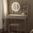 Small Vanity Desk with Mirror and Lights, Makeup Vanity Table with LED Mirror, 3 Lighting Modes, Power Outlet, Drawer, Open Shelves and Cushioned Stool for Bedroom-129390559