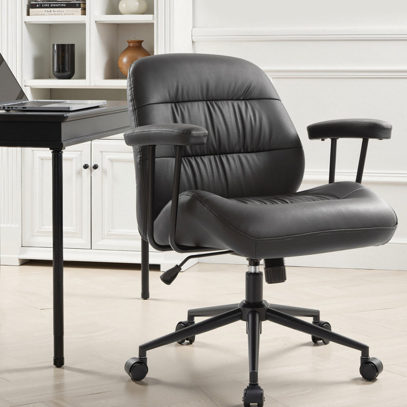 Black Office Chair, Pu Leather Ergonomic Desk Chair With Armrests, Mid-century Modern Executive Task Chairs, Height Adjustable