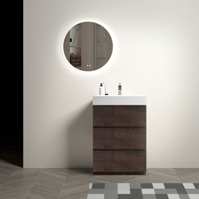 Armoire de salle de bain 24 po en noyer - Autoportant moderne, rangement intérieur abondant, lavabo blanc, glissières de tiroir, meuble-lavabo pré-assemblé avec amplement d'espace de rangement, glissières silencieuses,