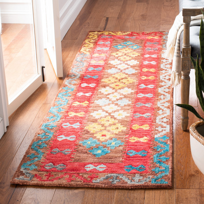 Tapis oriental en laine / coton / latex touffeté à la main en rouge / brun, Tapis de couloir 2 pi 3 po x 7 pi