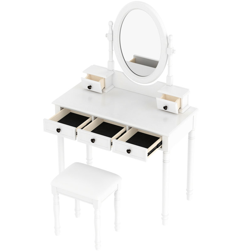 Coiffeuse vintage blanche avec miroir ajustable à 180 degrés, 5 tiroirs doublés de velours et tabouret assorti, maquillage en bois massif pour le bureau de la chambre à coucher