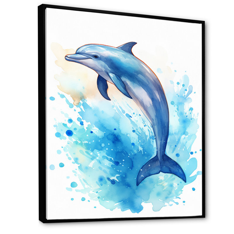 Toile de dauphin, impression sur toile, "Mignon dauphin bleu", 20" H x 12" W, Cadre flottant noir