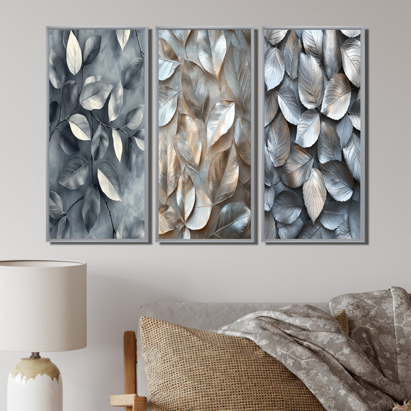 Cuivre, argent, étain, feuilles I - Collection de décorations murales feuilles, Argent argent, H 28 po x l 36 po