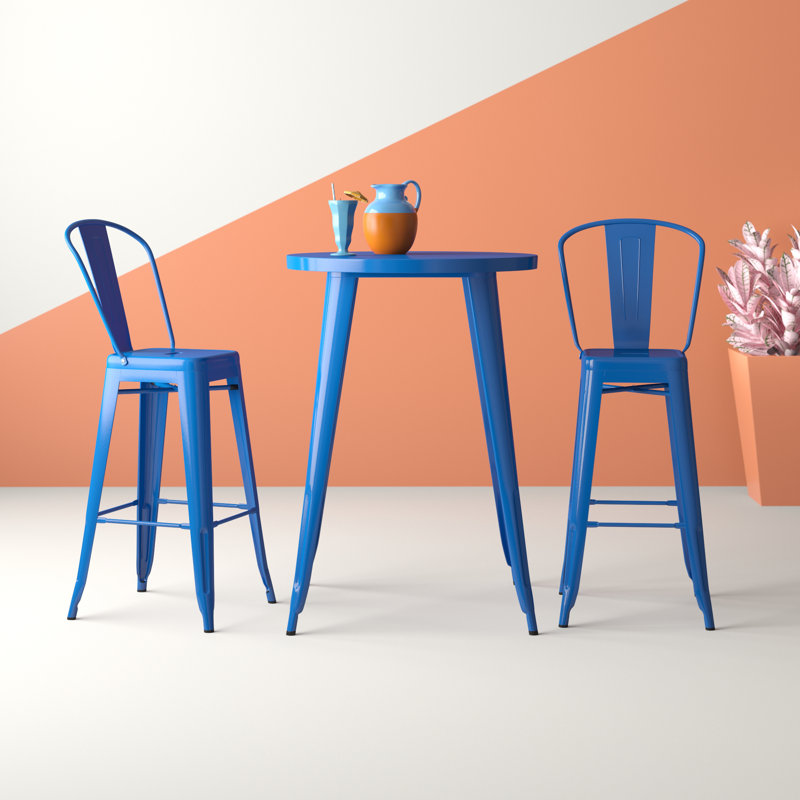 Genece Metal 3-Piece Indoor and Outdoor Bar Set, Blue, 41" H x 30" W x 30" L