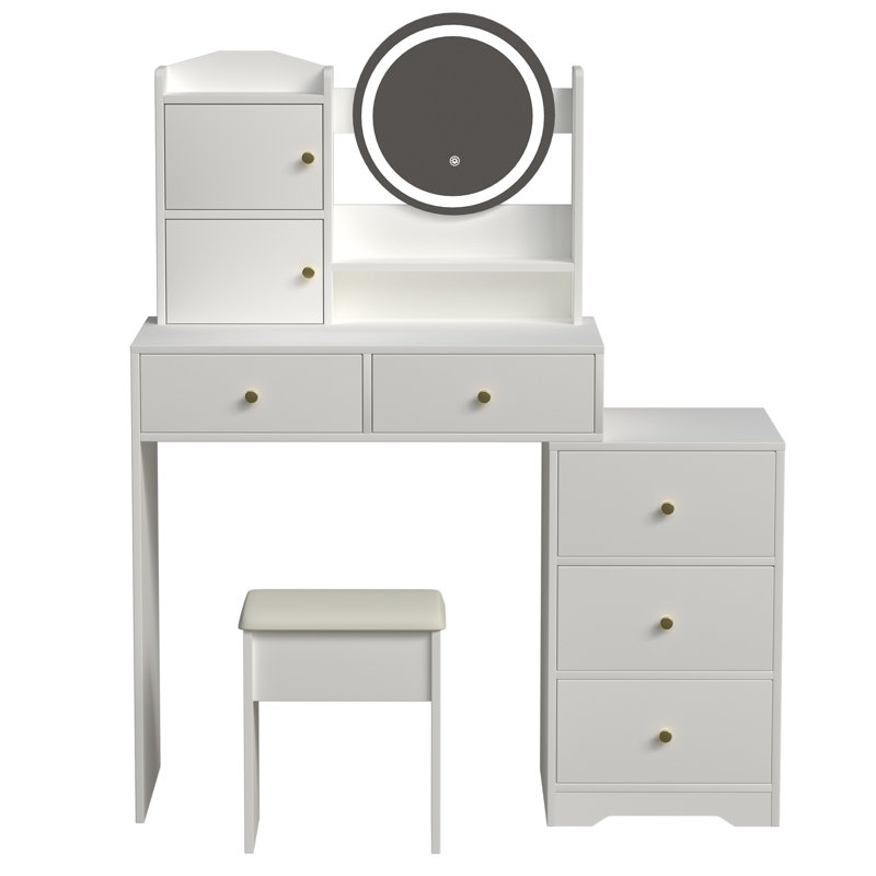 Bureau de meuble-lavabo moderne pour chambre à coucher, blanc, avec miroir et lumières, plusieurs rangements, tablettes réglables, maquillage et lumières pour la chambre à coucher - 3 choix de couleurs, tablettes,